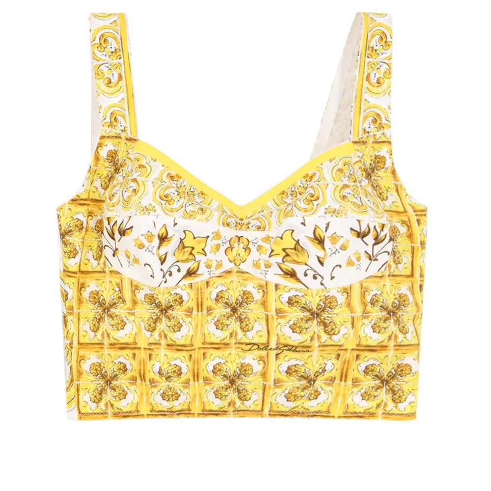 Dolce & Gabbana Majolica Yellow and White Printed Bustier Top